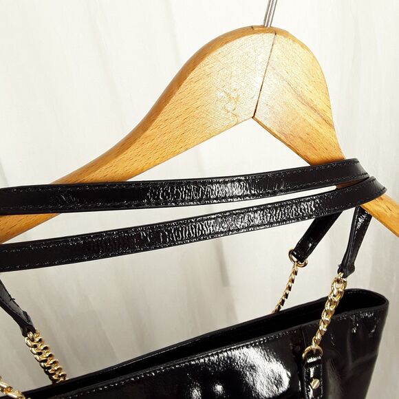 MICHAEL KORS Patent Leather + Chain Tote Bag, Shoulder Purse Handbag,shiny black - Picture 10 of 16
